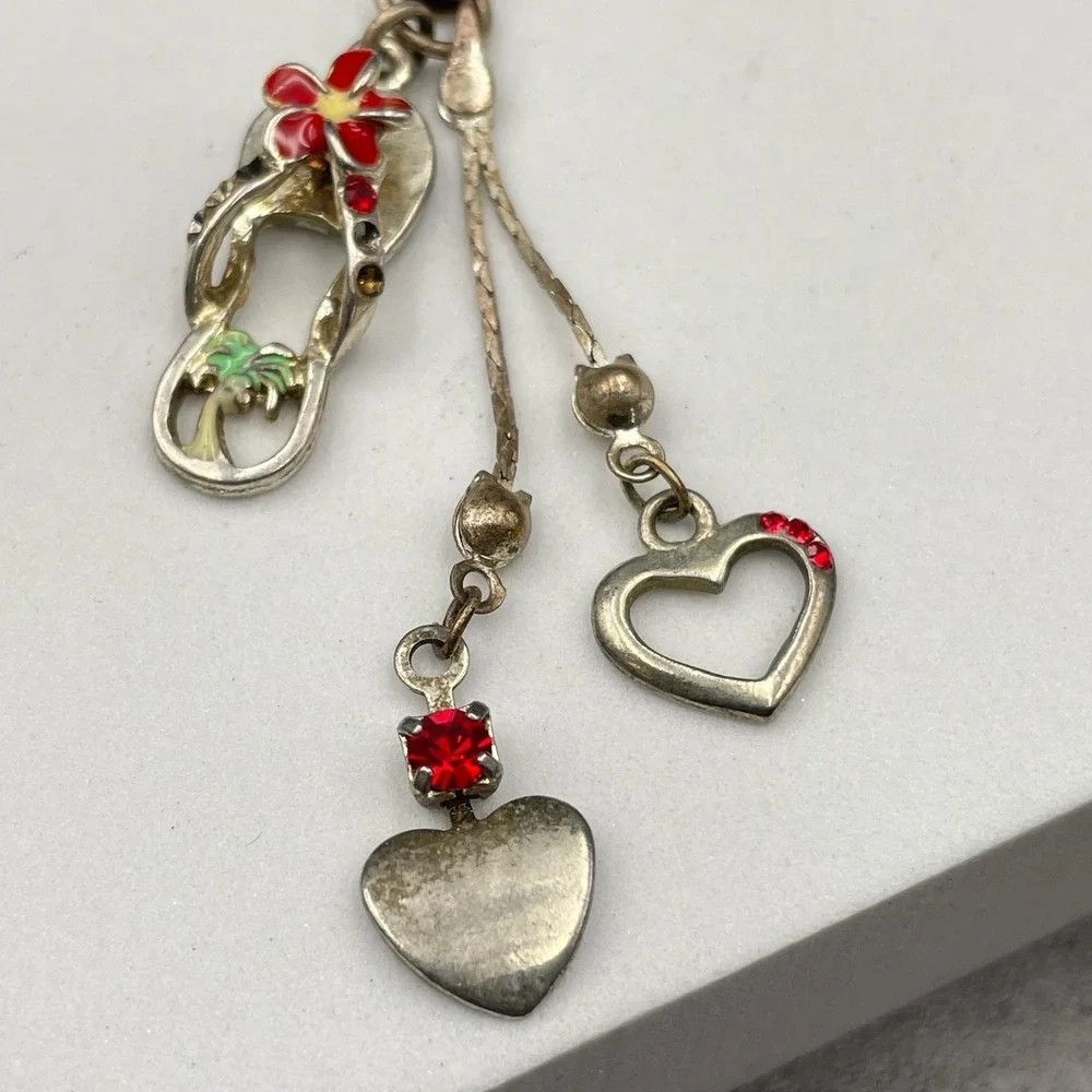 Y2K Silver-Tone Embellished Red Plumeria Flower Heart Dangle Cell Phone Charm
